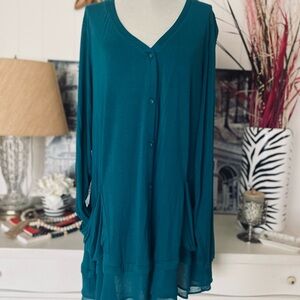 LOGO by Lori Goldstein Teal Lagenlook Long Cardigan Women's 1X Pockets EUC